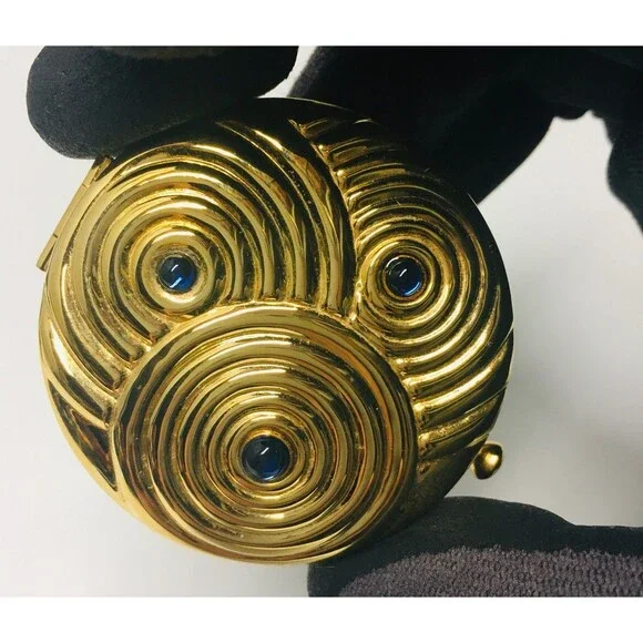 Vintage Estee Lauder Gold Ripple Swirl Peacock Jeweled Mini Compact Case Rare